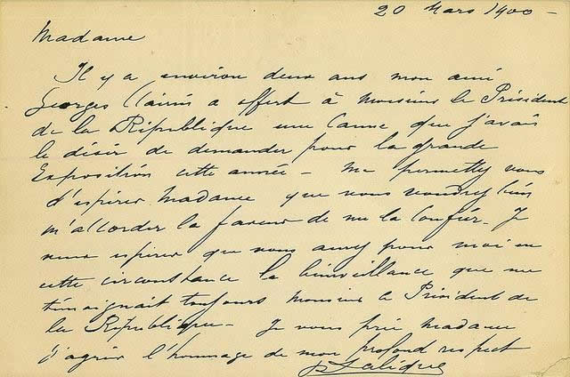 Rene Lalique Proposal For A Cane For The French President Letter